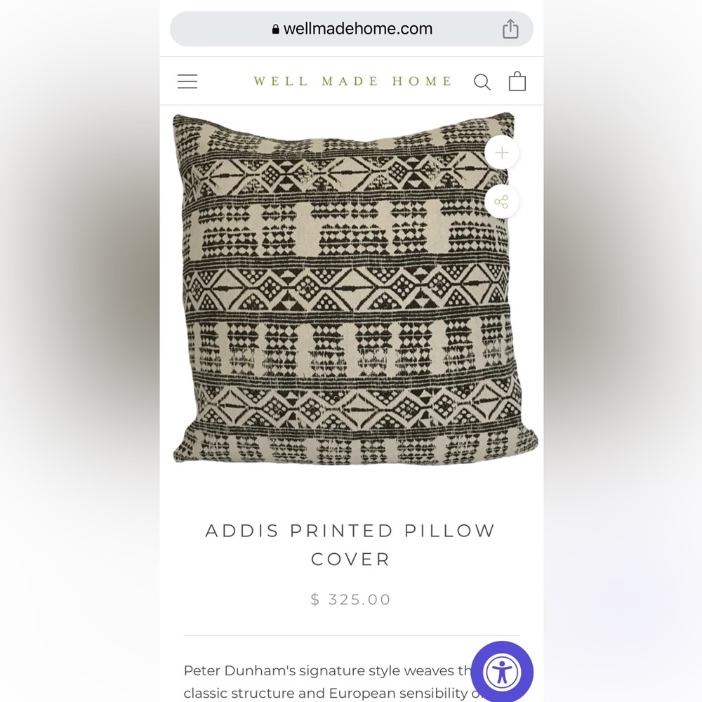 Peter Dunham Addis printed fabric 22x22 Pillow Cover (by Well Made Home)